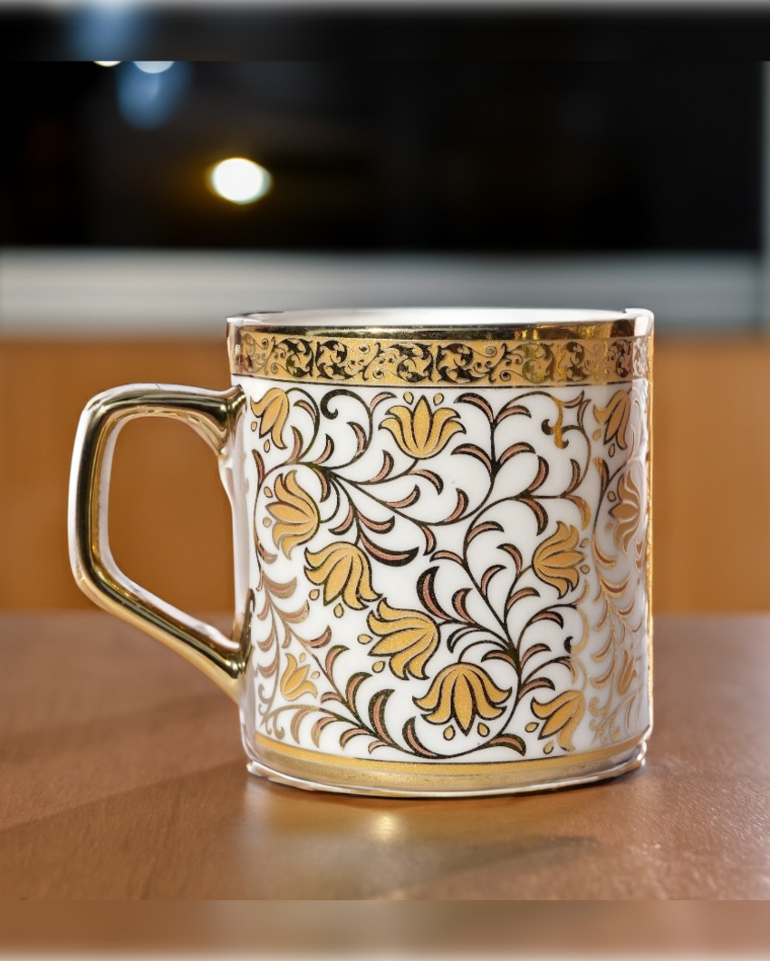 Turkish Floral Pattern Gold Ceramic Coffee & Tea Cups | Set Of 6 | 180 Ml |Not Microwave Safe