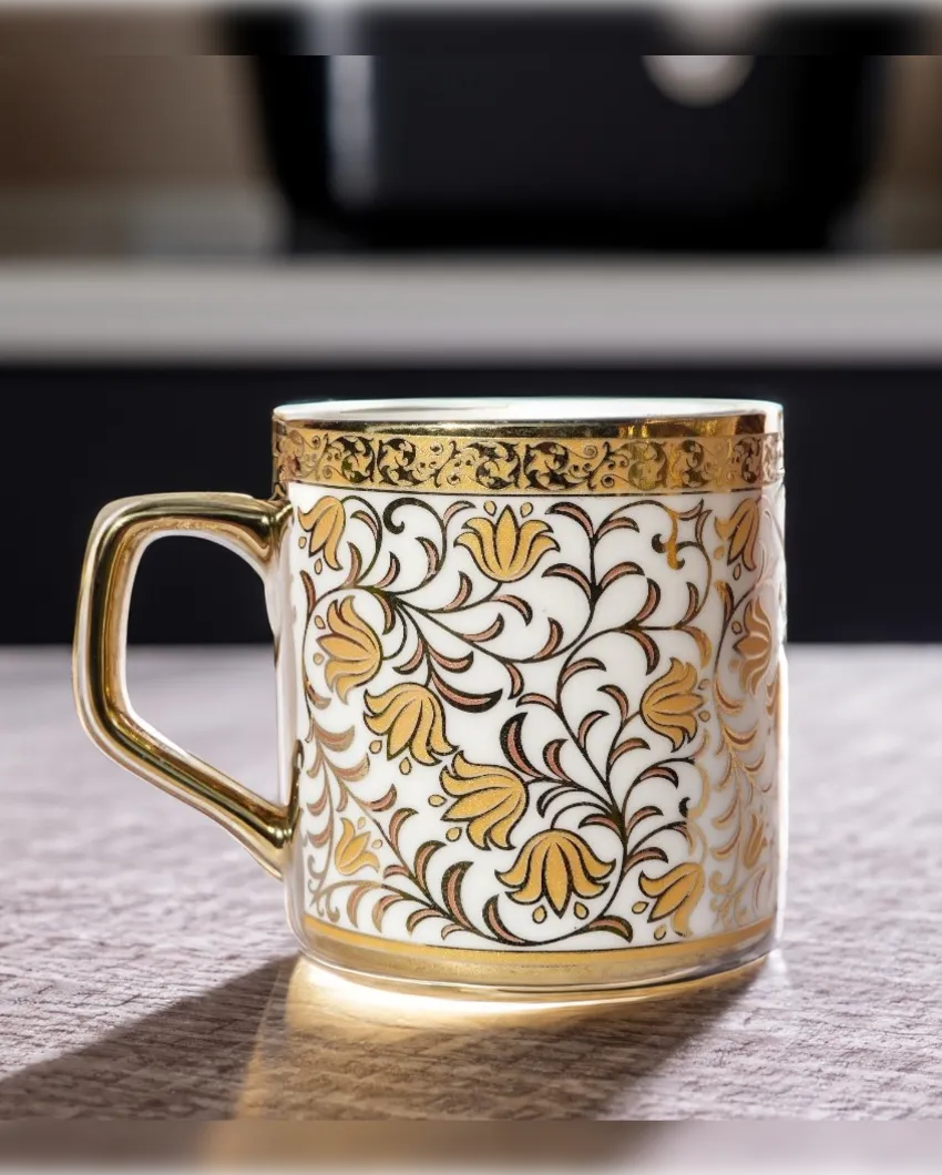 Turkish Floral Pattern Gold Ceramic Coffee & Tea Cups | Set Of 6 | 180 Ml |Not Microwave Safe