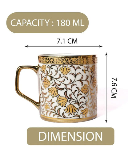 Turkish Floral Pattern Gold Ceramic Coffee & Tea Cups | Set Of 6 | 180 Ml |Not Microwave Safe