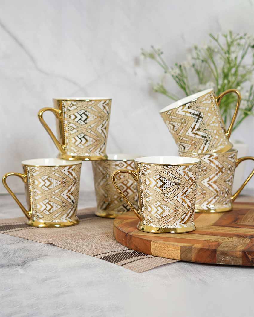 Fresco Traingle Gold Ceramic Tea Cups | Set Of 6 | 180 Ml