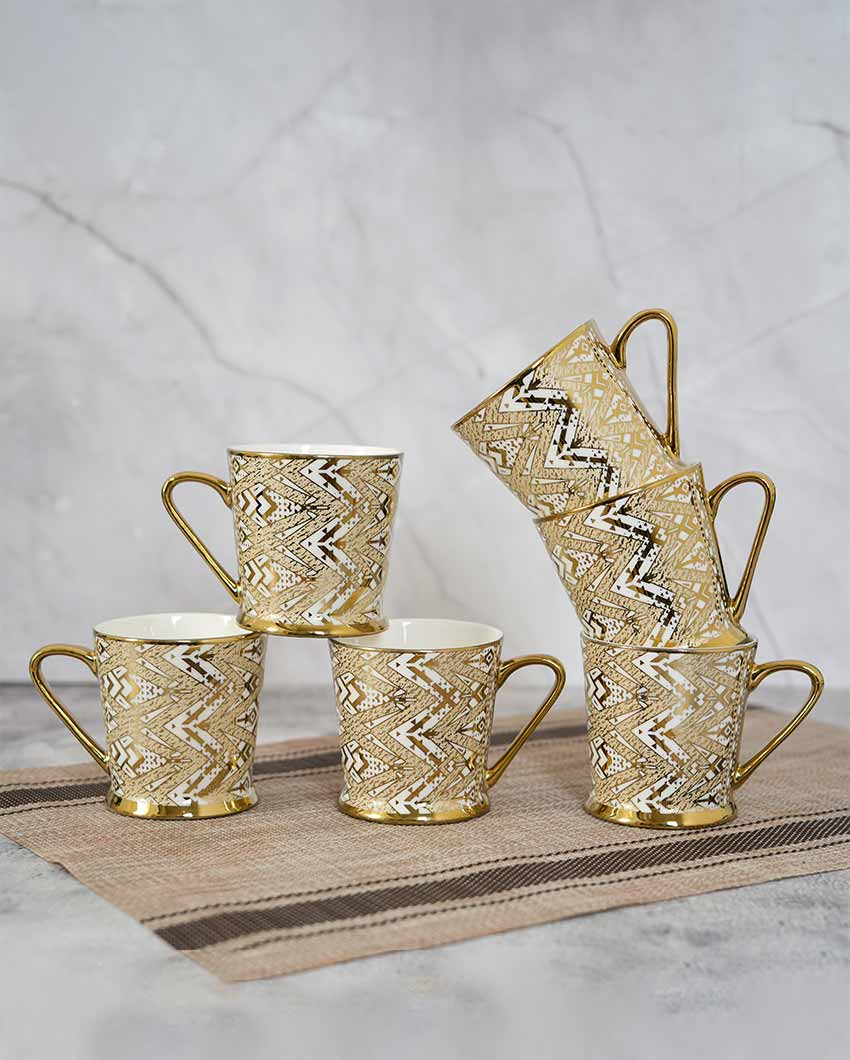 Fresco Traingle Gold Ceramic Tea Cups | Set Of 6 | 180 Ml