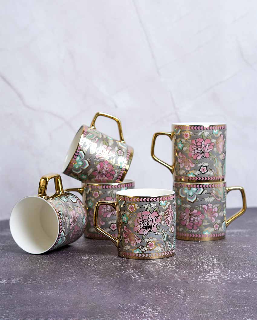 Floral Blossom Grey Ceramic Tea Cups | Set Of 6 | 180 Ml
