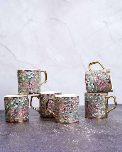 Floral Blossom Grey Ceramic Tea Cups | Set Of 6 | 180 Ml