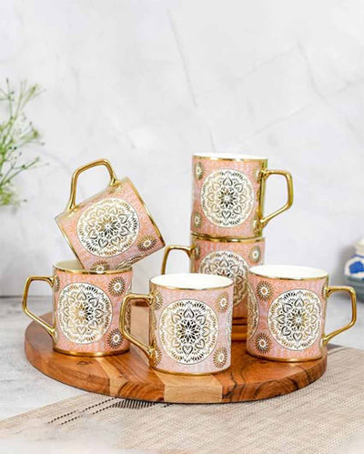 Gold Pink Mandala Harmony Ceramic Tea Cups | Set Of 6 | 180 Ml