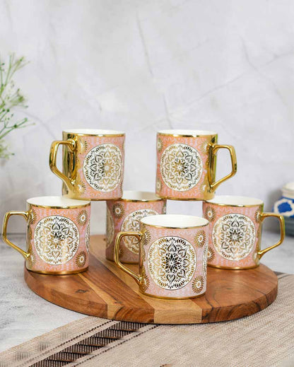 Gold Pink Mandala Harmony Ceramic Tea Cups | Set Of 6 | 180 Ml