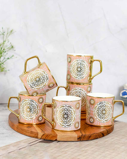 Gold Pink Mandala Harmony Ceramic Tea Cups | Set Of 6 | 180 Ml