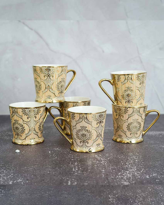 Royal Ornamental Gold Ceramic Tea & Coffee Cups | Set Of 6 | 180 Ml