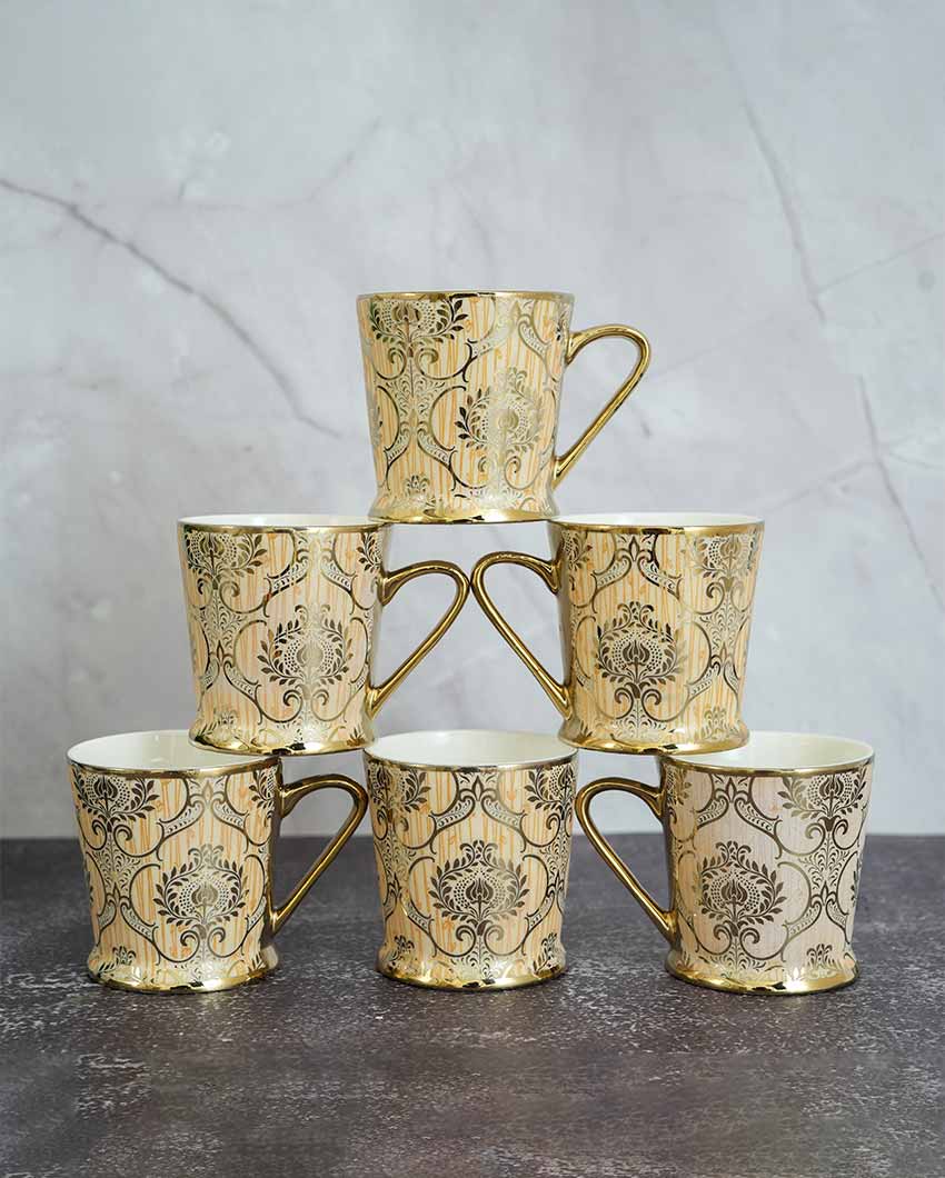 Royal Ornamental Gold Ceramic Tea & Coffee Cups | Set Of 6 | 180 Ml