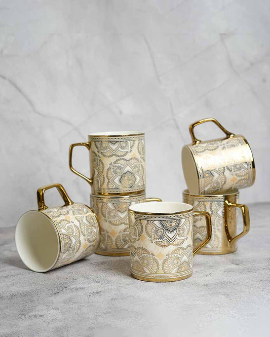 Luxury Mehendi Craft Ceramic Tea & Coffee Cups | Set Of 6 | 180 Ml