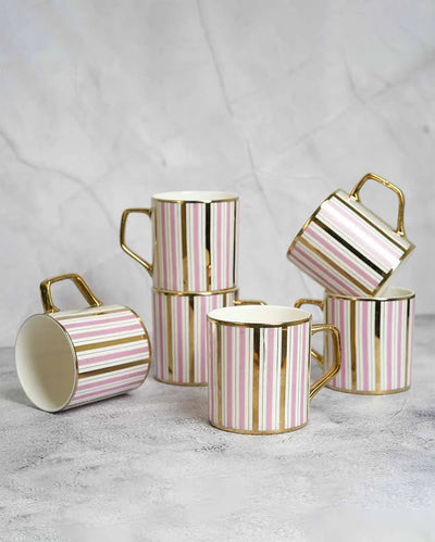 Pink & Gold Line Ceramic Tea & Coffee Cups | Set Of 6 | 180 Ml