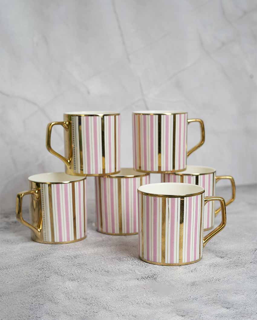 Pink & Gold Line Ceramic Tea & Coffee Cups | Set Of 6 | 180 Ml