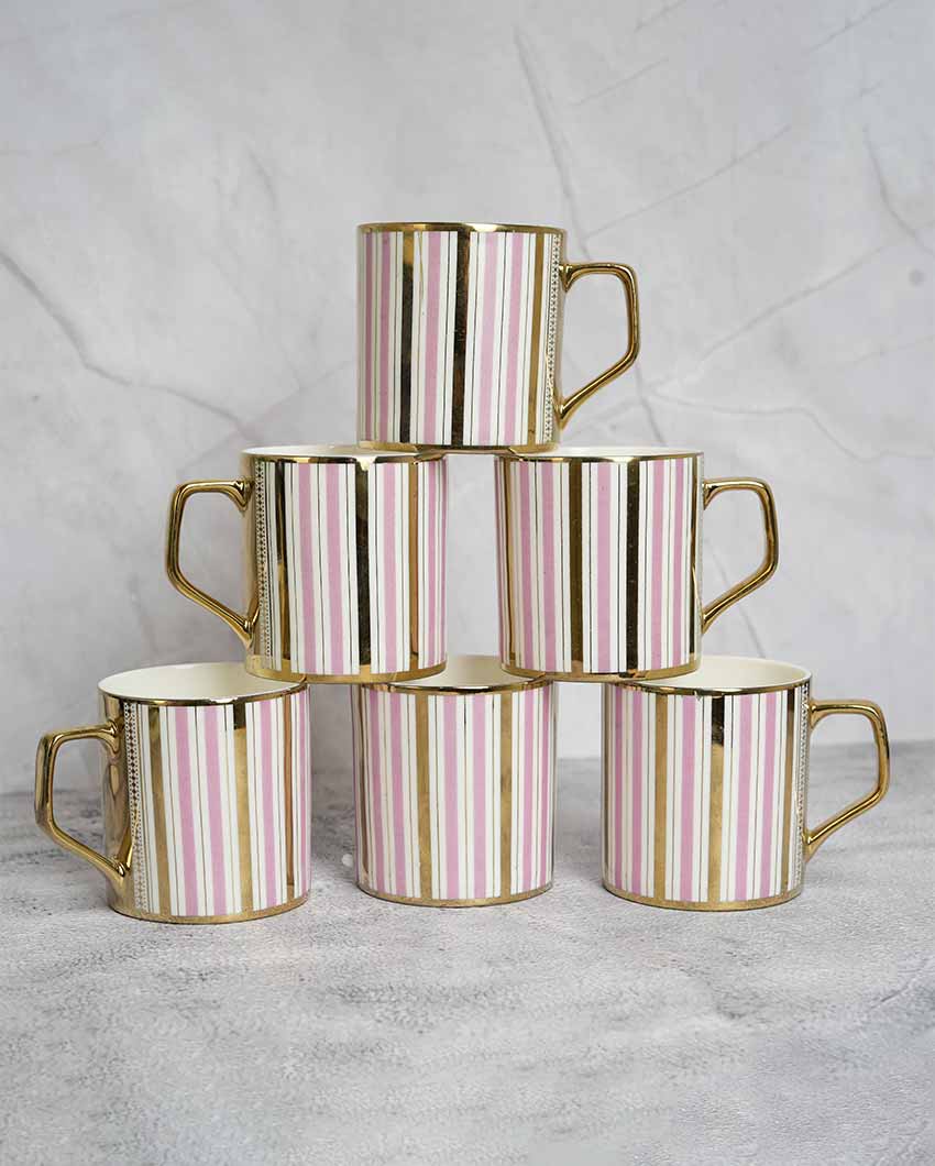 Pink & Gold Line Ceramic Tea & Coffee Cups | Set Of 6 | 180 Ml