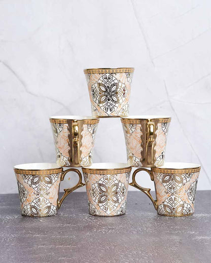 Ethnic Desert Sand Gold Ceramic Tea & Coffee Cups | Set Of 6 | 180 Ml