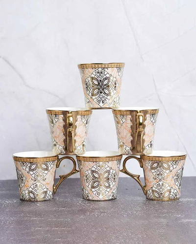 Ethnic Desert Sand Gold Ceramic Tea & Coffee Cups | Set Of 6 | 180 Ml