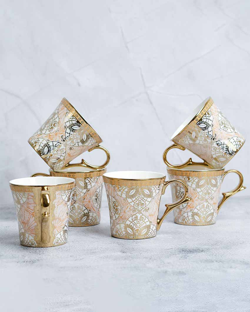 Ethnic Desert Sand Gold Ceramic Tea & Coffee Cups | Set Of 6 | 180 Ml