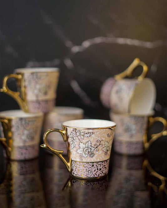 Aesthetic Moroccan Gold Ceramic Coffee & TeaCups | Set Of 6 | 180 Ml |Not Microwave Safe