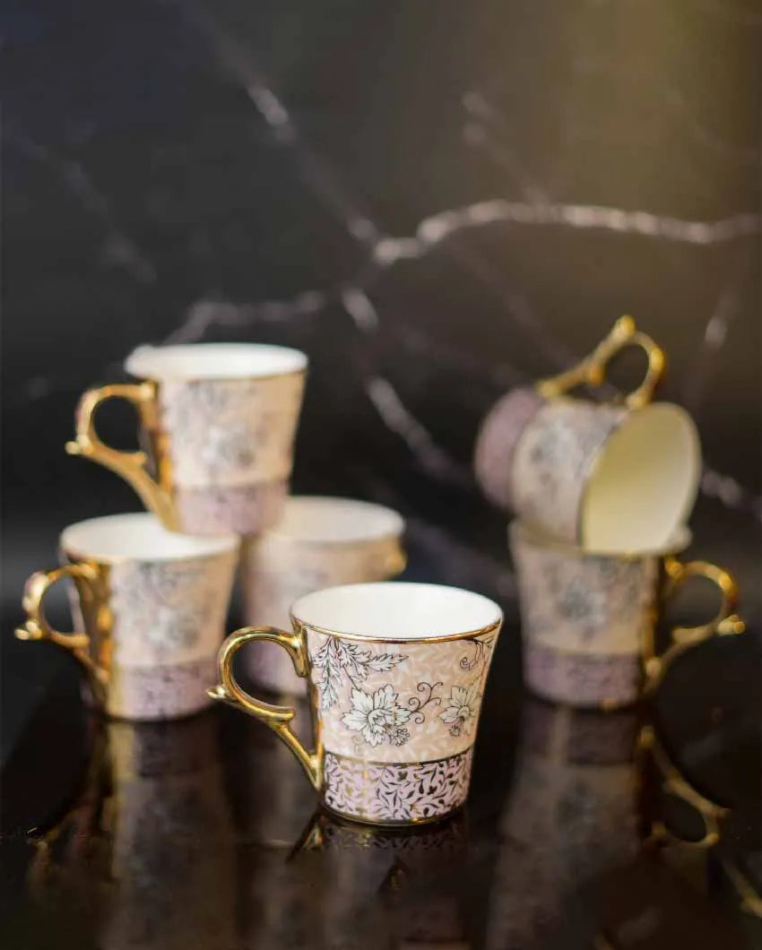 Aesthetic Moroccan Gold Ceramic Coffee & TeaCups | Set Of 6 | 180 Ml |Not Microwave Safe