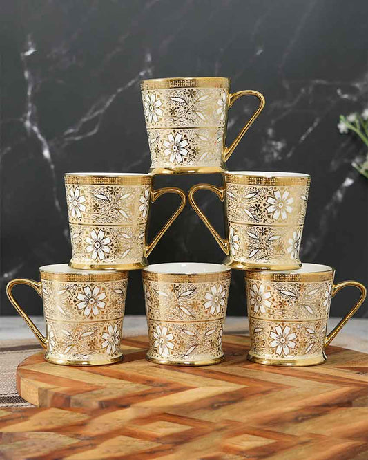 Ceramic Golden Mirror Flowers Gold Tea Cups | Set Of 6 | 180 Ml