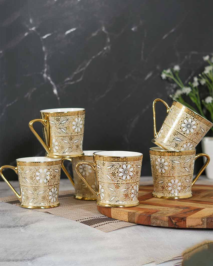 Ceramic Golden Mirror Flowers Gold Tea Cups | Set Of 6 | 180 Ml
