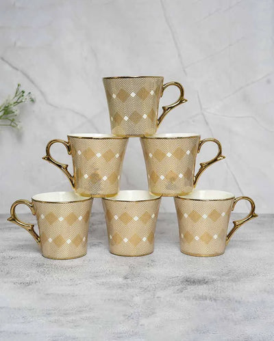 Golden Pine Wood Gold Ceramic Tea & Coffee Cups | Set Of 6 | 180 Ml