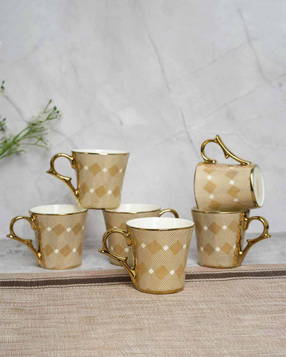 Golden Pine Wood Gold Ceramic Tea & Coffee Cups | Set Of 6 | 180 Ml