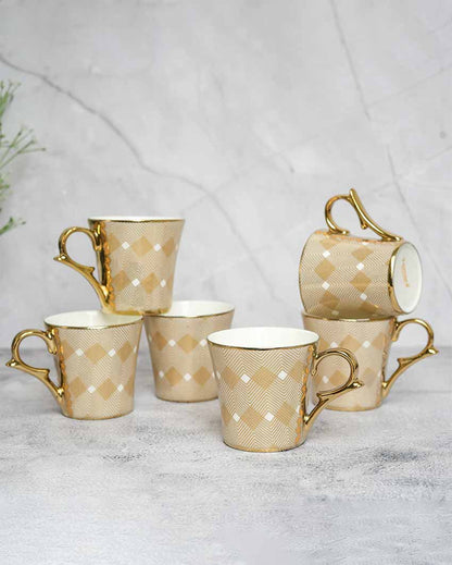Golden Pine Wood Gold Ceramic Tea & Coffee Cups | Set Of 6 | 180 Ml