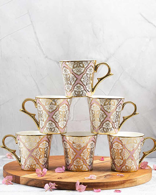 Moroccan Leaf Golden Pink Ceramic Tea & Coffee Mugs | 180 ml | Set of 6