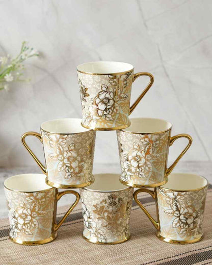 Spirit Floral Gold Ceramic Tea Cup & Coffee Cups | Set Of 6 | 180 Ml