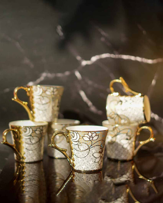 Wild Lotus Flower Pattern Ceramic Coffee & Tea Cups | Set Of 6 | 180 Ml | Not Microwave Safe