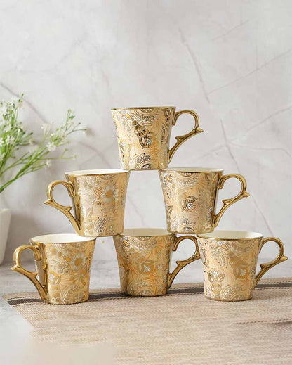Bridal Mahendi Gold Print Ceramic Tea & Coffee Cups | Set Of 6 | 180 Ml