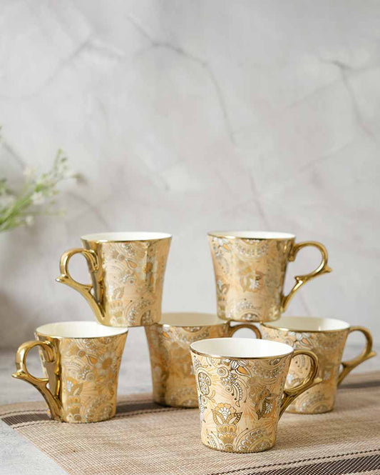 Bridal Mahendi Gold Print Ceramic Tea & Coffee Cups | Set Of 6 | 180 Ml