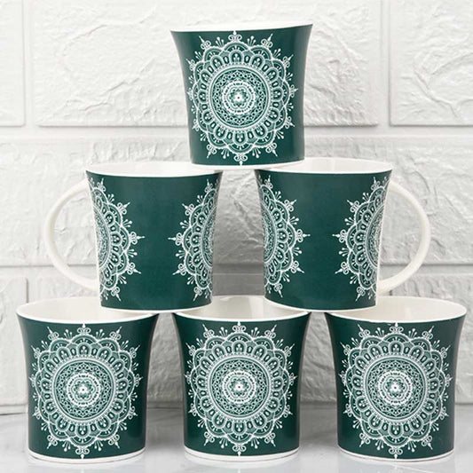 Fine Bone China  Eternal Circle Tea Cups | Set of 6 | 160 ml  | Multiple Colors Green