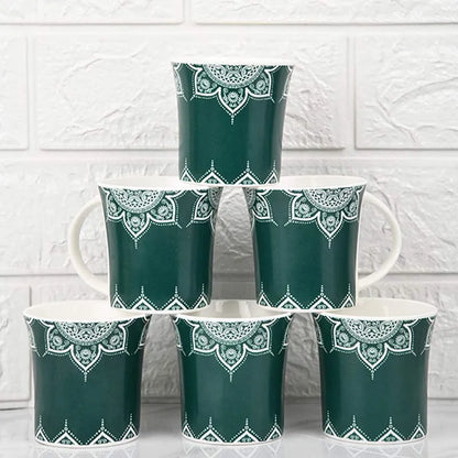 Fine Bone China  Cosmic Mehendi Tea Cups | Set of 6 | 160 ml | Multiple Colors Green