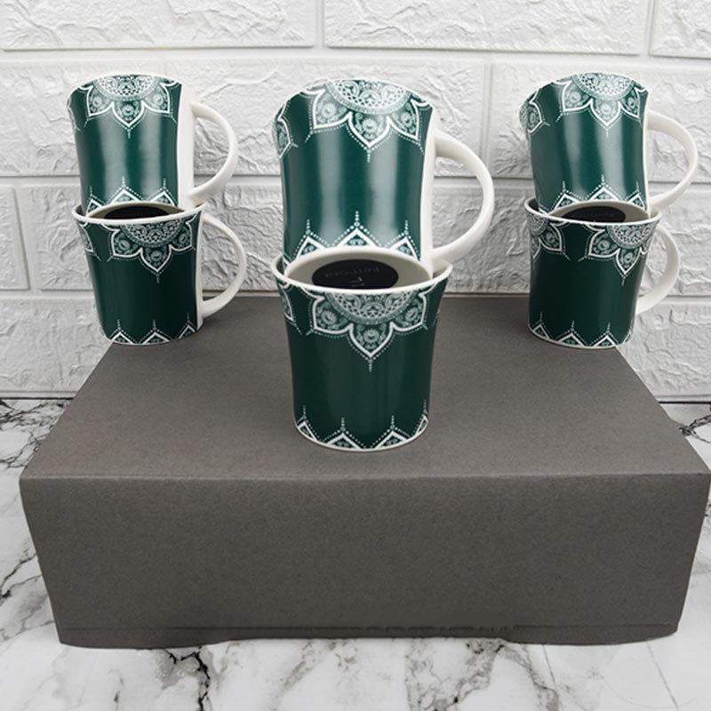 Fine Bone China  Cosmic Mehendi Tea Cups | Set of 6 | 160 ml | Multiple Colors Green