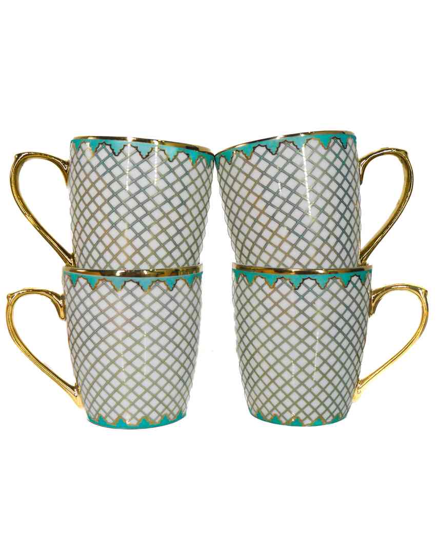 Mesh Premium Golden Teal Pattern Design Ceramic Coffee & Tea Cups | Set of 4 | 160 ML | 3 x 3 inches