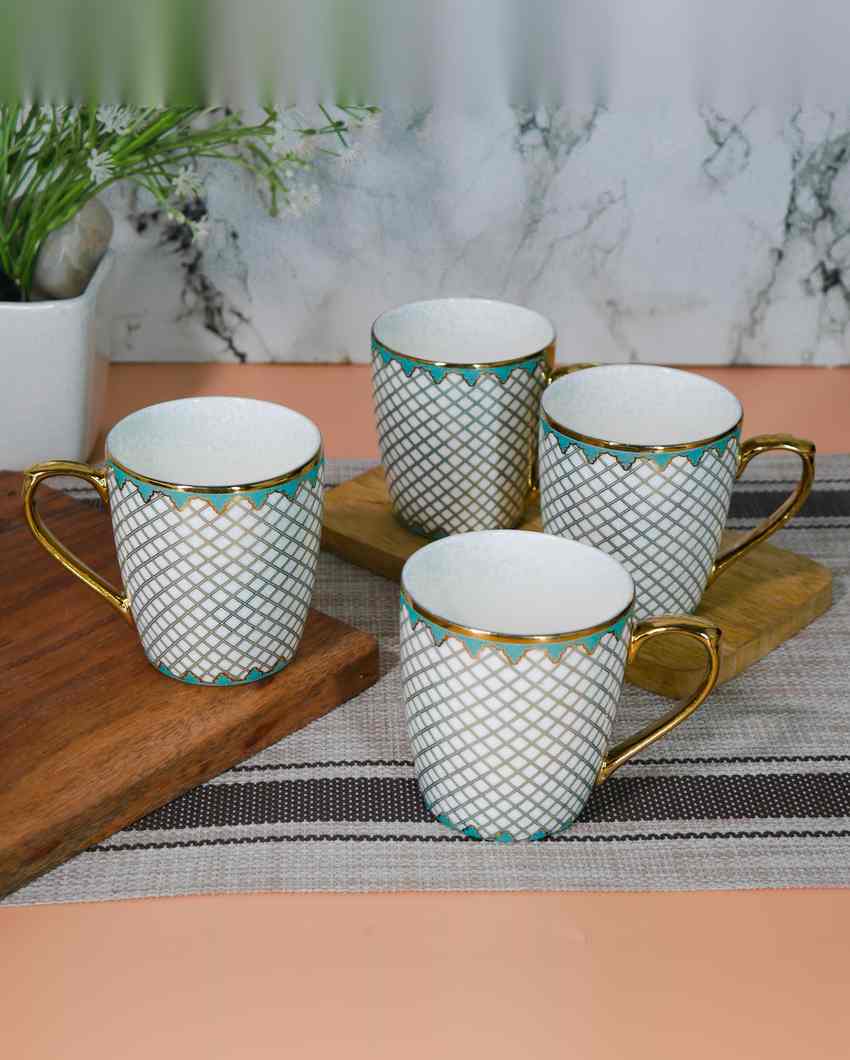 Mesh Premium Golden Teal Pattern Design Ceramic Coffee & Tea Cups | Set of 4 | 160 ML | 3 x 3 inches