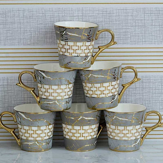 Indian Ceramic Fine Bone China Grey Gold Line Tea Cup | Set of 6 |155 ML Default Title
