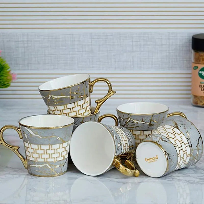 Indian Ceramic Fine Bone China Grey Gold Line Tea Cup | Set of 6 |155 ML Default Title