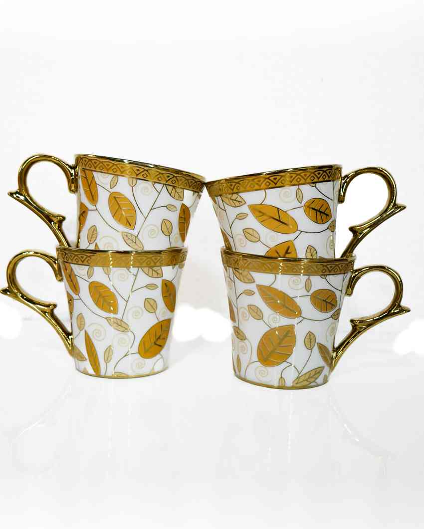 Leaf Premium Golden Traditional Pattern Design Ceramic Coffee & Tea Cups | Set of 4 | 160 ML | 3 x 3 inches