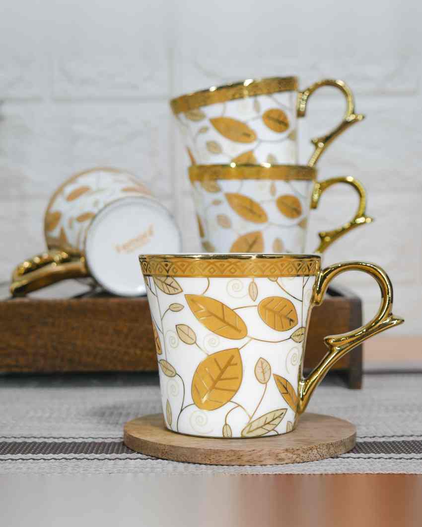 Leaf Premium Golden Traditional Pattern Design Ceramic Coffee & Tea Cups | Set of 4 | 160 ML | 3 x 3 inches