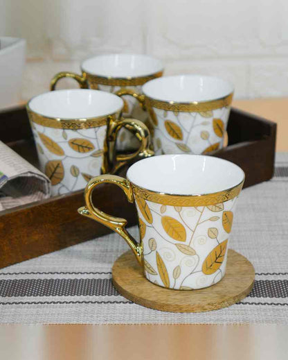 Leaf Premium Golden Traditional Pattern Design Ceramic Coffee & Tea Cups | Set of 4 | 160 ML | 3 x 3 inches