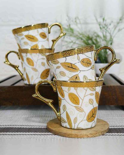 Leaf Premium Golden Traditional Pattern Design Ceramic Coffee & Tea Cups | Set of 4 | 160 ML | 3 x 3 inches