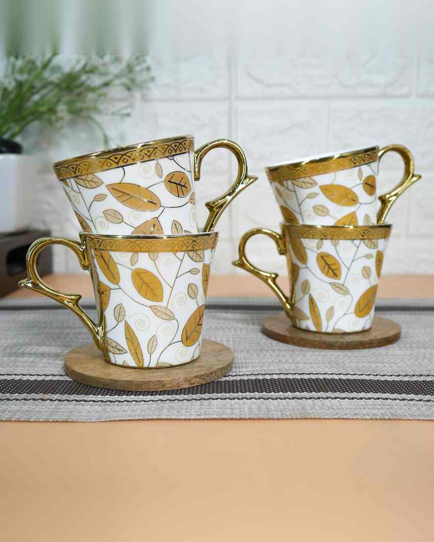 Leaf Premium Golden Traditional Pattern Design Ceramic Coffee & Tea Cups | Set of 4 | 160 ML | 3 x 3 inches