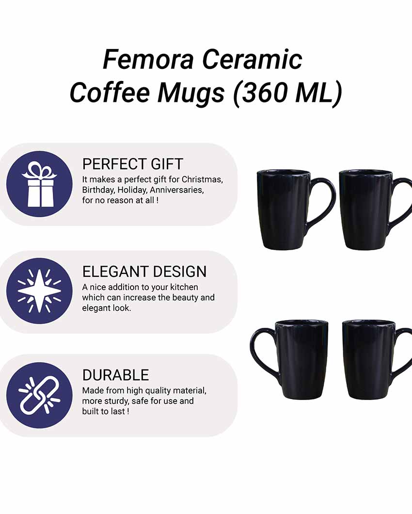 Stylish Ceramic Coffee Mugs | Set of 2 | 360 ML Black