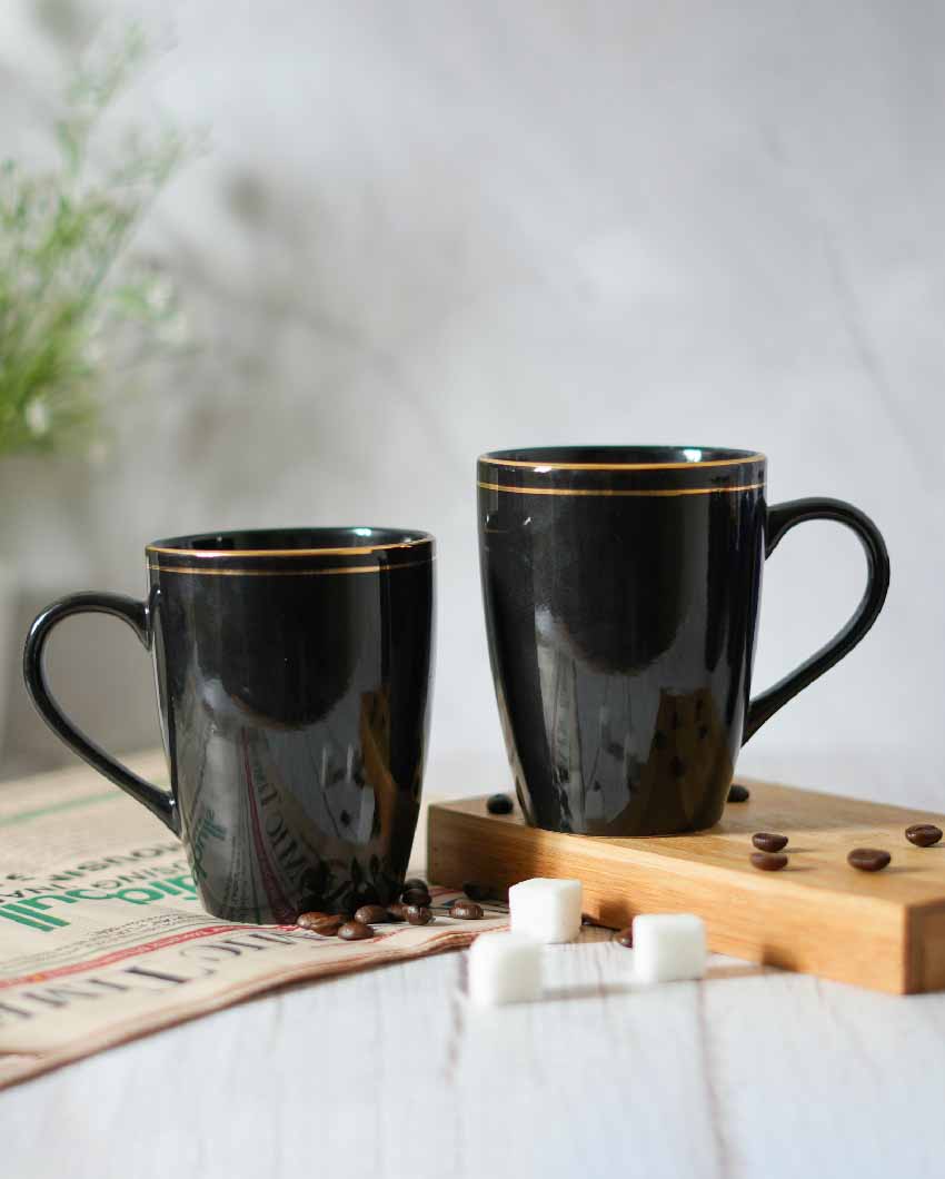 Gold Series Ceramic Coffee Mugs | Set of 2 | 360 Ml Black