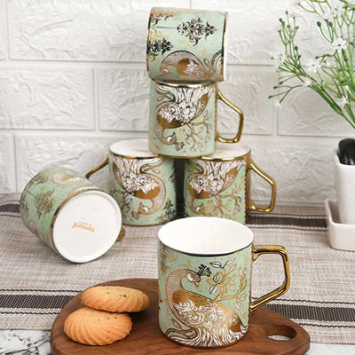 Peacock Motif with Leaves Pattern Fine Bone China Golden Tea Cups | Set of 6 | 180ML Default Title