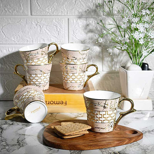Indian Ceramic Fine Bone China Pink Gold Line Tea Cup | Set of  6 Pcs | 155 ML Default Title
