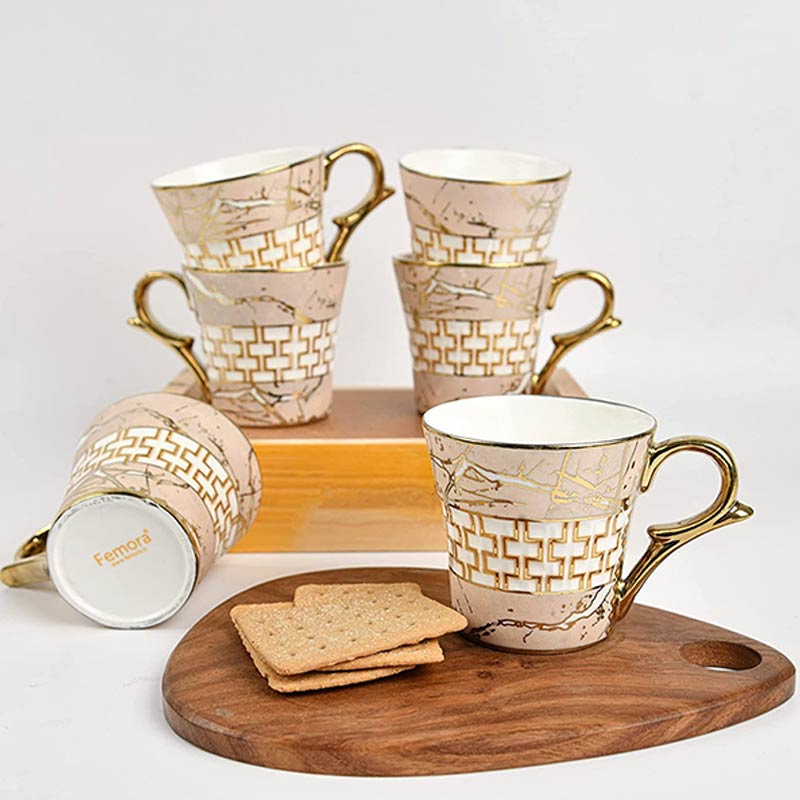 Indian Ceramic Fine Bone China Pink Gold Line Tea Cup | Set of  6 Pcs | 155 ML Default Title