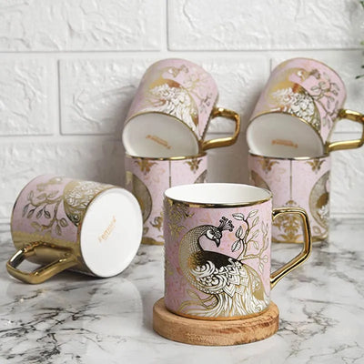 Pink Peacock Pattern  Fine  Bone China Golden Tea Cups| Set of 6 | 180ML Default Title