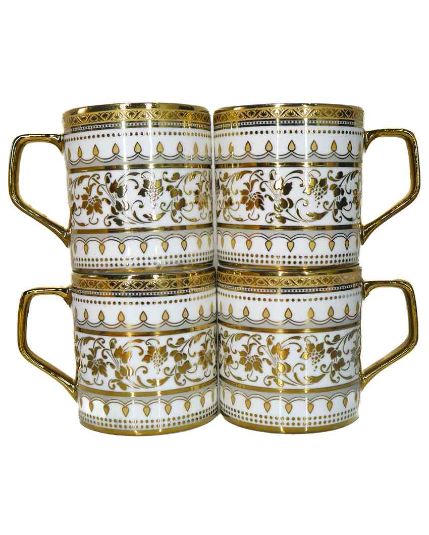 Sage Premium Royal Golden Print Design Ceramic Coffee & Tea Cups | Set of 4 | 180 ML | 3 x 3 inches